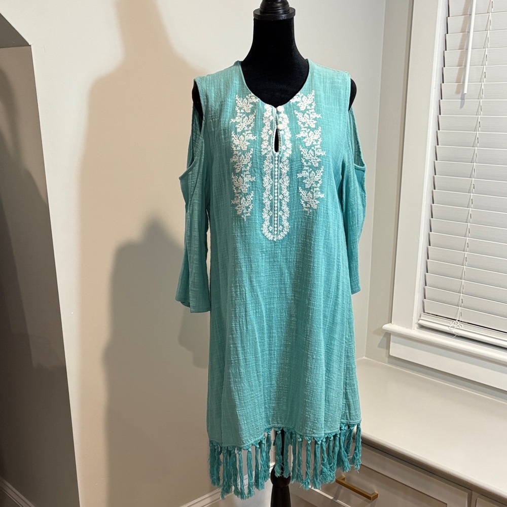 Colleen Lopez Teal Dress with White Embroidery